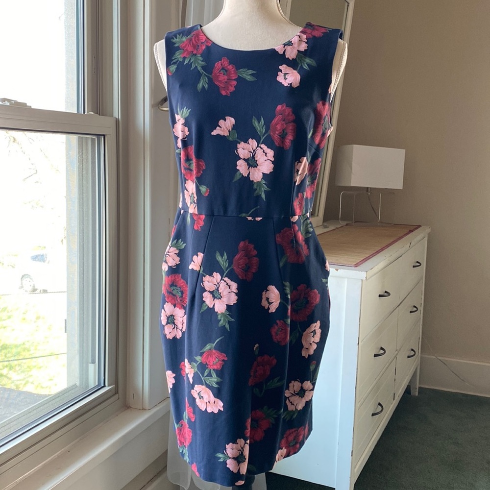Lands End 10P navy pink floral sleeveless shift pencil dress modest back zip
